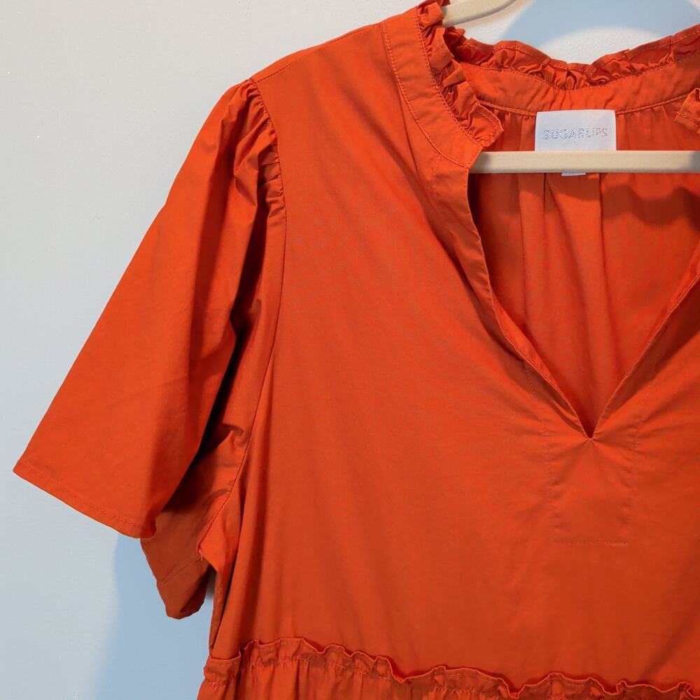 Sugarlips Womens Sz XL Noelle Split Neck Poplin Tiered Midi Dress Pockets Orange - Picture 3 of 7